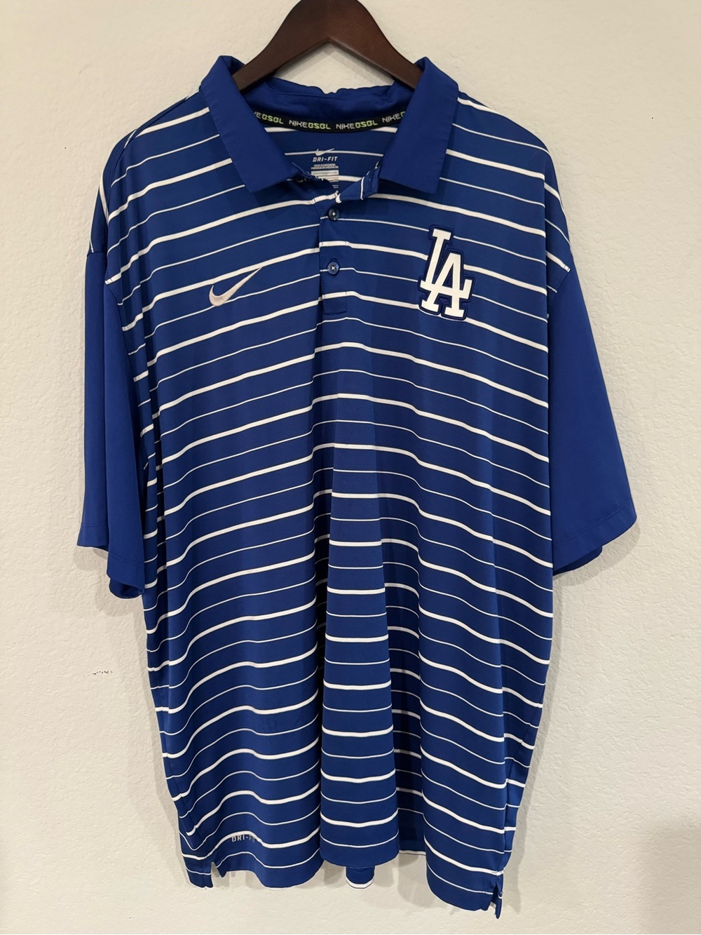 Nike Los Angeles Dodgers BSBL Baseball Dri Fit Blue Striped Polo Shirt Size XXXL